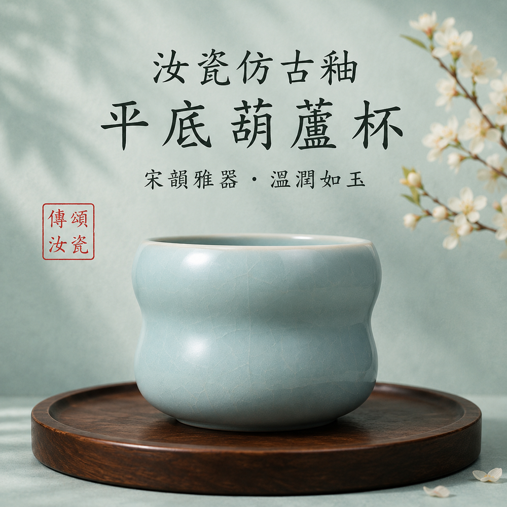 平底葫蘆杯｜仿古釉・瑪瑙入釉・自然開片・茶杯・手工主人杯・汝窯