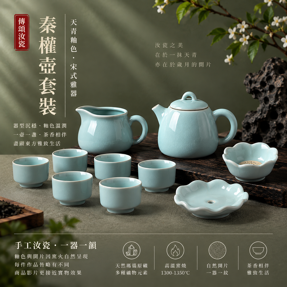 秦權壺茶器套組一壺六杯｜自然開片・天青色・瑪瑙入釉・支釘燒・手工茶具・汝窯