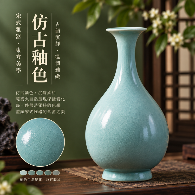 玉壺春瓶｜仿古釉・自然開片・瑪瑙入釉・手工汝瓷雅器・花瓶・汝窯