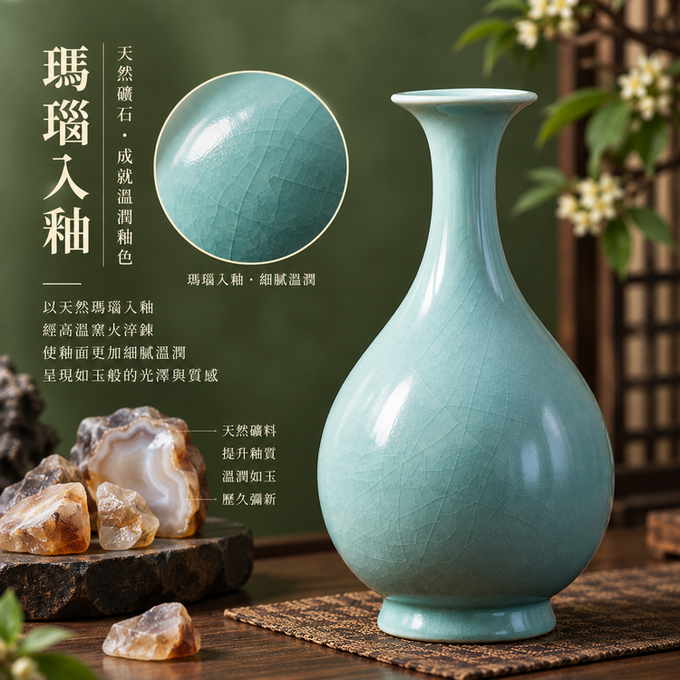 玉壺春瓶｜仿古釉・自然開片・瑪瑙入釉・手工汝瓷雅器・花瓶・汝窯