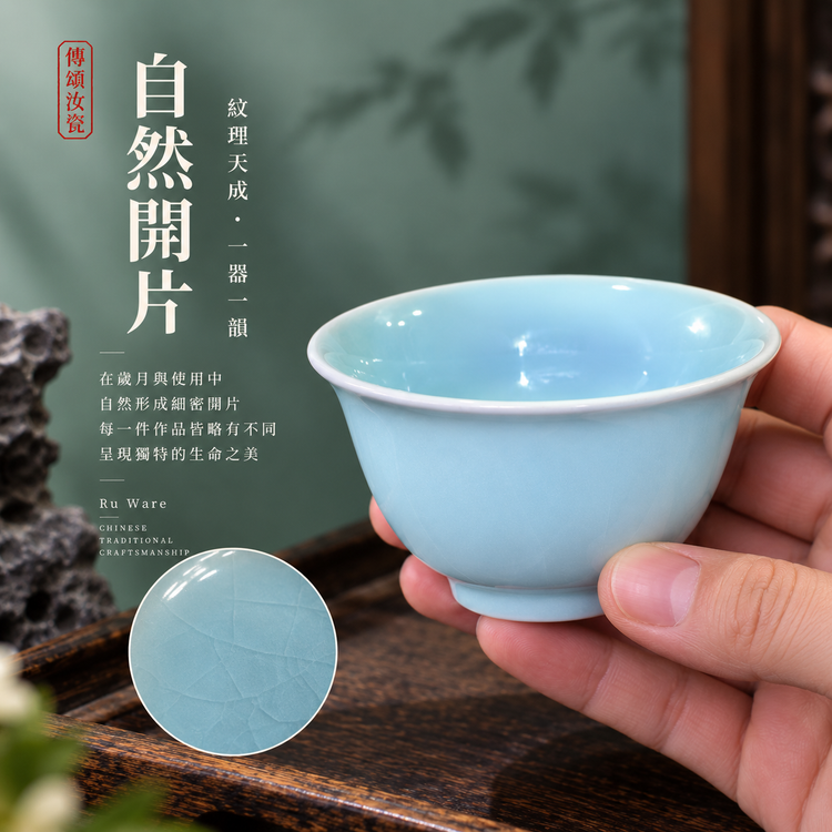 壓手杯｜天青釉・自然開片・支釘燒・手工主人杯・茶杯・汝窯