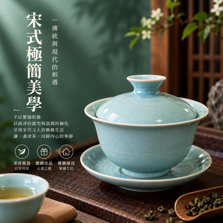 三才元寶蓋碗｜仿古釉・自然開片・手工功夫茶具・茶壺・汝窯