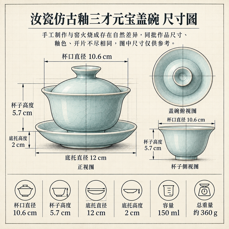 三才元寶蓋碗｜仿古釉・自然開片・瑪瑙入釉・支釘燒・手工功夫茶具・蓋碗・汝窯