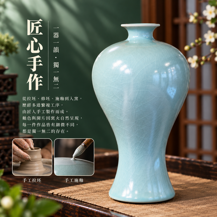梅瓶｜仿古釉・自然開片・手工汝瓷花器・花瓶・宋式雅器・汝窯
